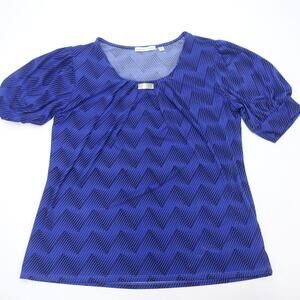 Notations Blouse Women's Medium Blue Zig Zag Print Stretch Pleated Neck Pullover
